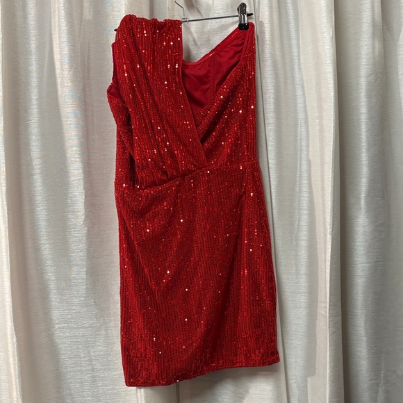 Shein Red Sequin One Shoulder Ruched Bodycon Mini Dress size L - Picture 11 of 11